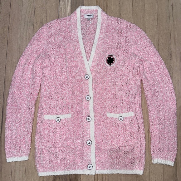 Chanel 24P Pink White Knit Boucle CC Logo Button Long Sleeve Cardigan Sweater 36